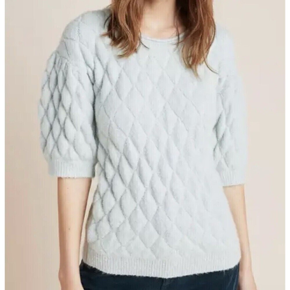 Anthropologie Bonnie Quilted Eyelash Sweater Large Blue Wool Blend Pullover